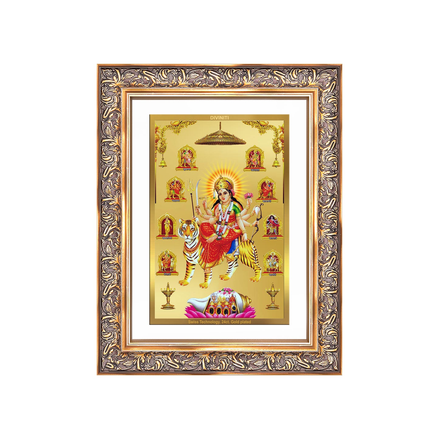 Diviniti 24K Gold Plated Nav Durga (Classic) Divine Wall Frame for Home Mandir & Office Decor | Luxury Spiritual Gift