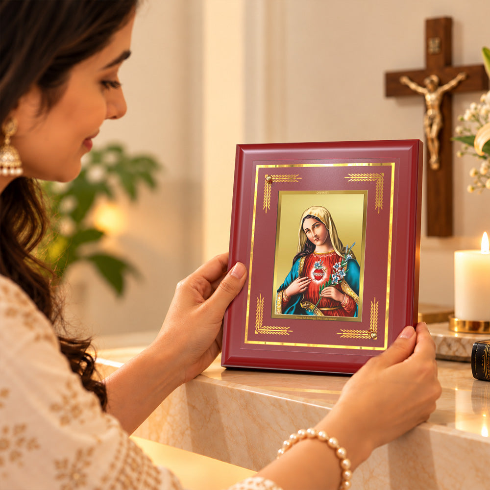 24K Gold-Plated Mother Mary MDF Frame | Premium Gift Box | 16 X 13.5 CM