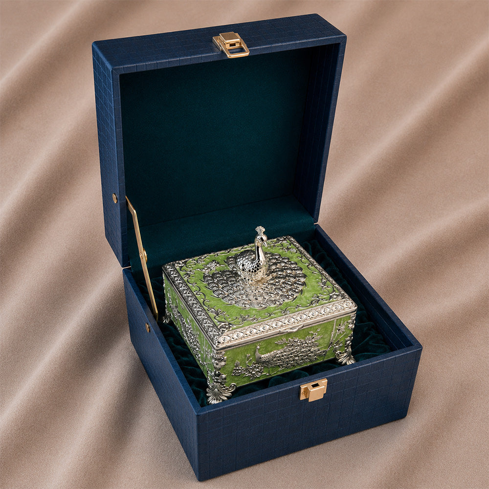 Diviniti Premium German Silver 2-Part Box | Green Enamel Dry Fruit & Sweet Box for Wedding & Festive Gifting