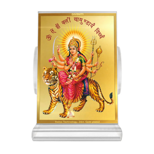 Durga Mata | Divine Goddess Durga Car Dashboard & Tabletop Photo Frame in 24K Gold Plated Foil