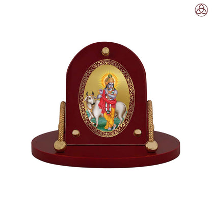 Lord Krishna with Surbhi Cow – Divine Gopal Krishna 24K Gold Plated Photo Frame for Car Dashboard, Home Décor & Tabletop | Blessings of Love, Peace & Prosperity