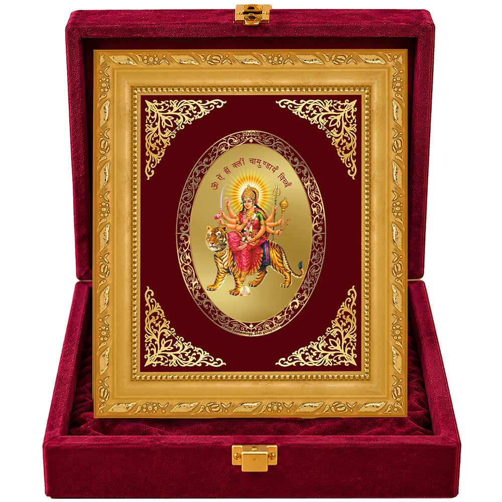 24K Gold-Plated Durga Mata With Sacred Mantra Frame | Premium Gift Box | 16x13.5 CM