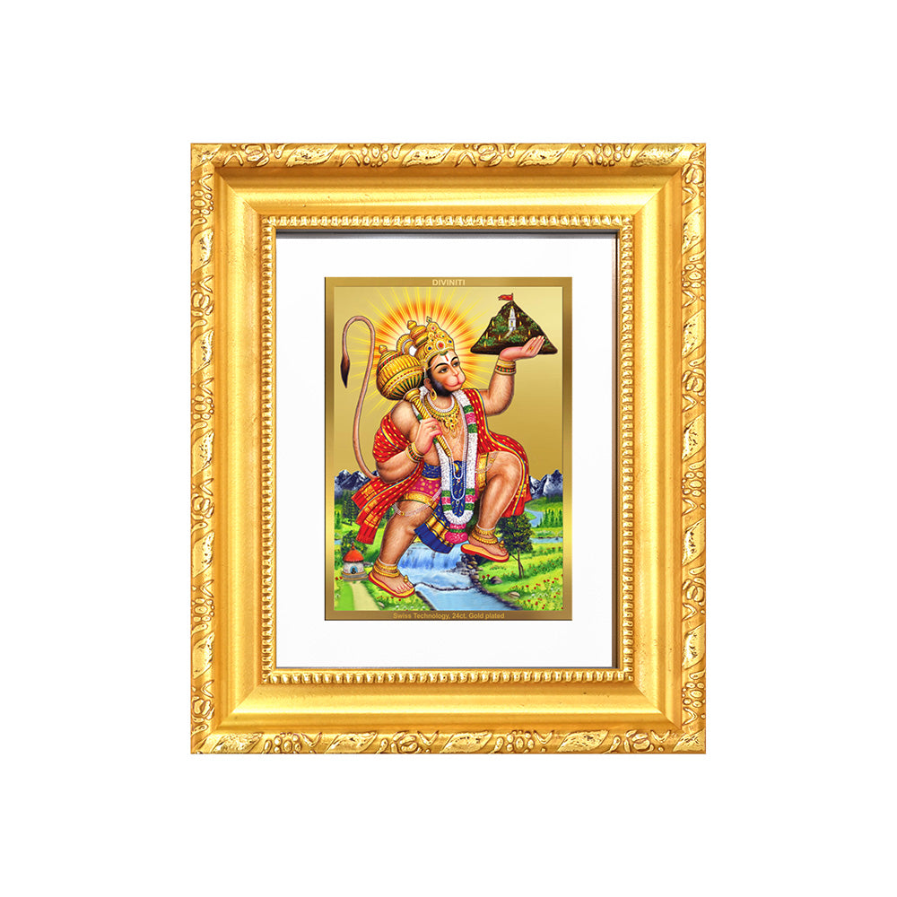 Diviniti 24K Gold Plated Hanuman With Mountain |Divine Table Top Frame for Home Mandir & Office Decor | Luxury Spiritual Gift