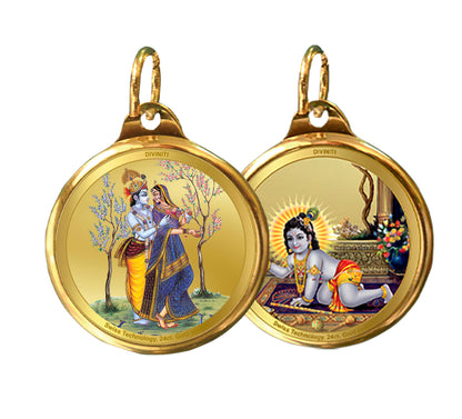 Diviniti 24K Double sided Gold Plated Pendant  RADHA KRISHNA & LADDU GOPAL|28 MM Flip Coin