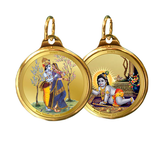 Diviniti 24K Double sided Gold Plated Pendant  RADHA KRISHNA & LADDU GOPAL|28 MM Flip Coin