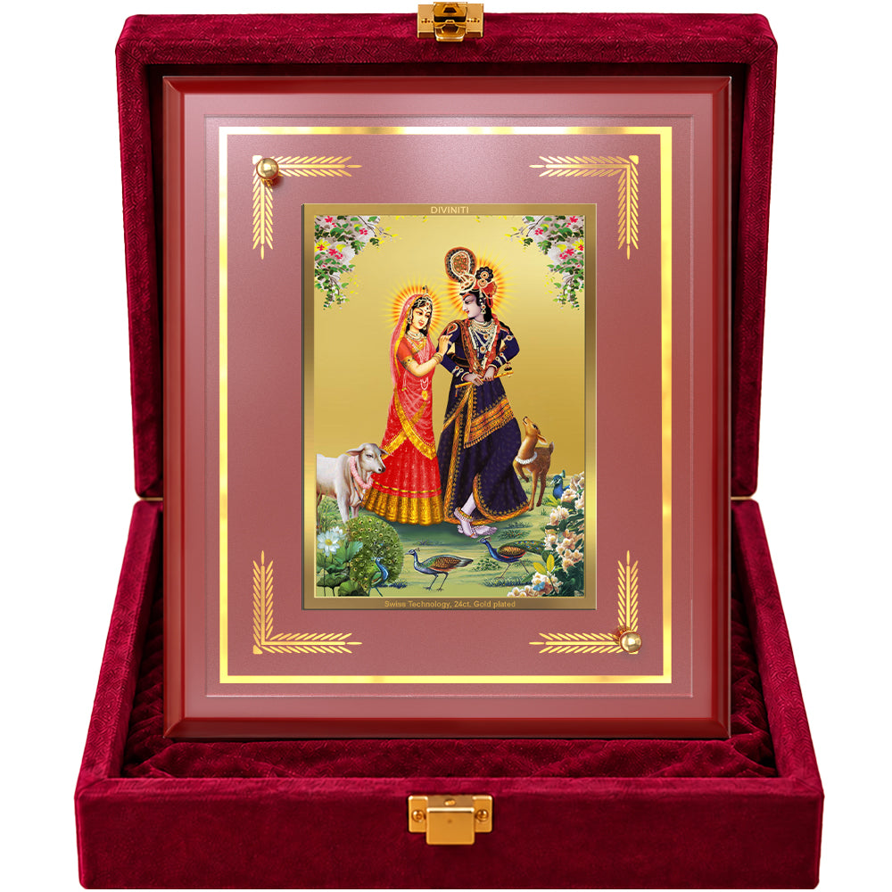 24K Gold-Plated Radha Krishna with Cow MDF Frame | Premium Gift Box | 26x20 CM