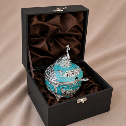 Diviniti Luxury Silver-Plated Peacock Sugar Bowl | Turquoise Lidded Serving Pot for Festive & Wedding Gifting