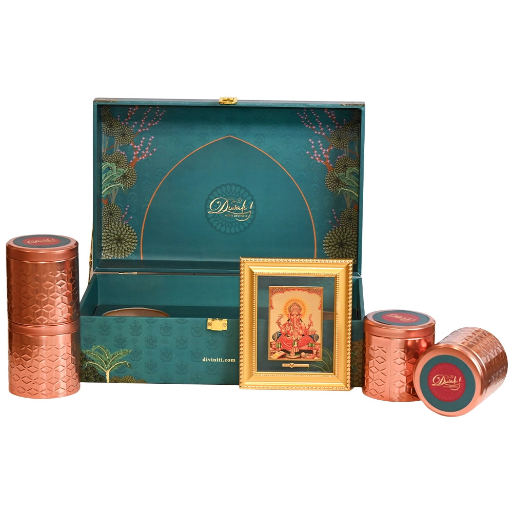Diwali Gift Hamper | Four Premium Containers Type Jar with Ganesha 24K Gold Plated Foil Photo Frame in Designer Box