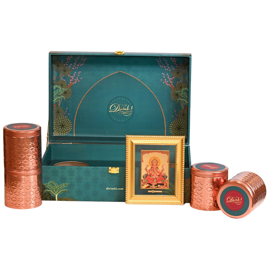 Diwali Gift Hamper | Four Premium Containers with Ganesha 24K Gold Plated Foil Photo Frame in Designer Box
