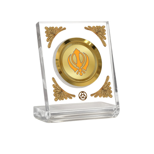 Khanda Sahib Diviniti Premium Gold on Gold 24K gold plated car dashboard frame in a clear display.