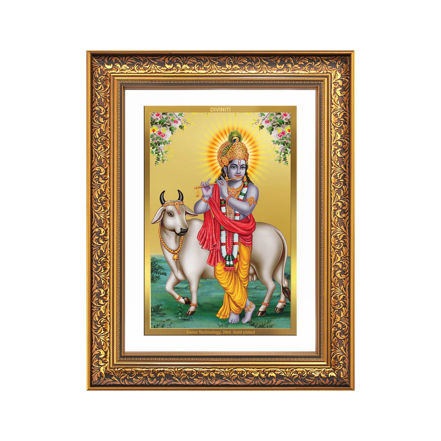 Diviniti 24K Gold Plated Krishna With Surbhi Cow (Classic) Divine Wall Frame for Home Mandir & Office Decor | Luxury Spiritual Gift