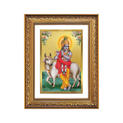Diviniti 24K Gold Plated Krishna With Surbhi Cow (Classic) Divine Wall Frame for Home Mandir & Office Decor | Luxury Spiritual Gift