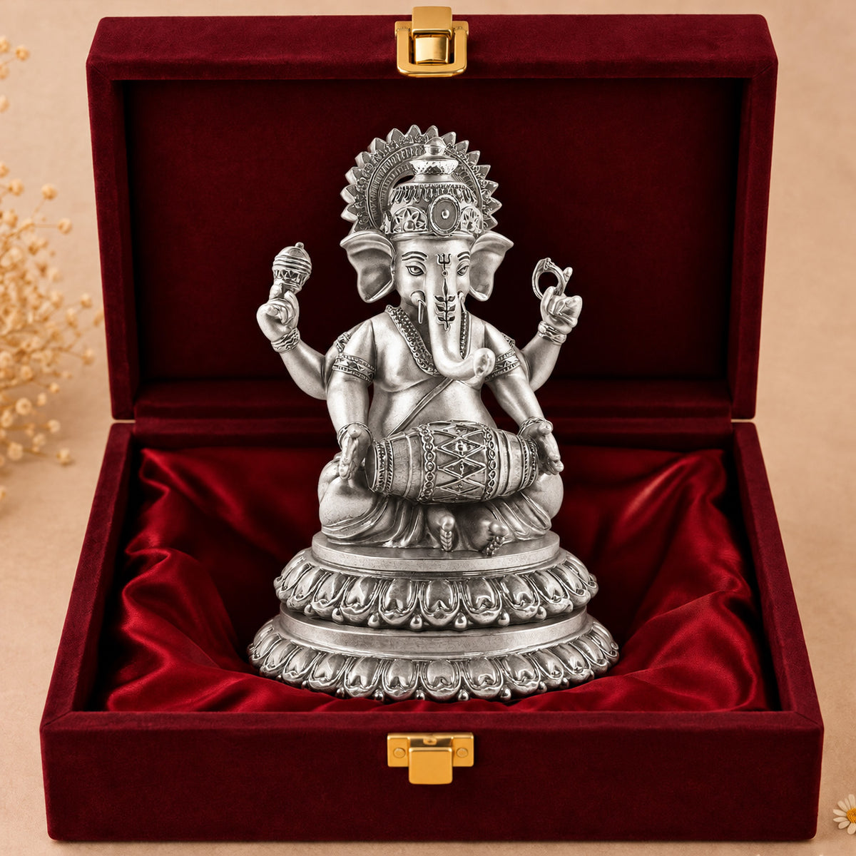 999 Silver-Plated Antique Dholak Ganesha Idol | Premium Gift Box | 15x12 CM