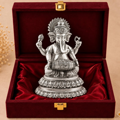 999 Silver-Plated Antique Dholak Ganesha Idol | Premium Gift Box | 15x12 CM