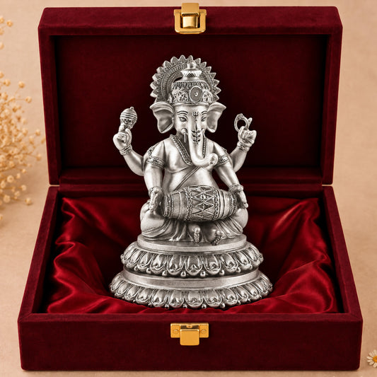 999 Silver-Plated Antique Dholak Ganesha Idol | Premium Gift Box | 15x12 CM