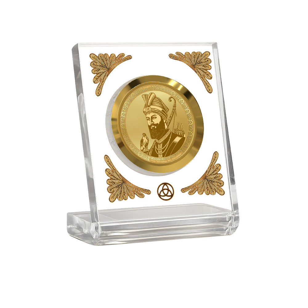 Guru Gobind Singh Ji 24K gold plated car dashboard frame in a premium crystal-clear display.
