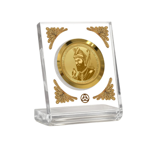 Guru Gobind Singh Ji 24K gold plated car dashboard frame in a premium crystal-clear display.