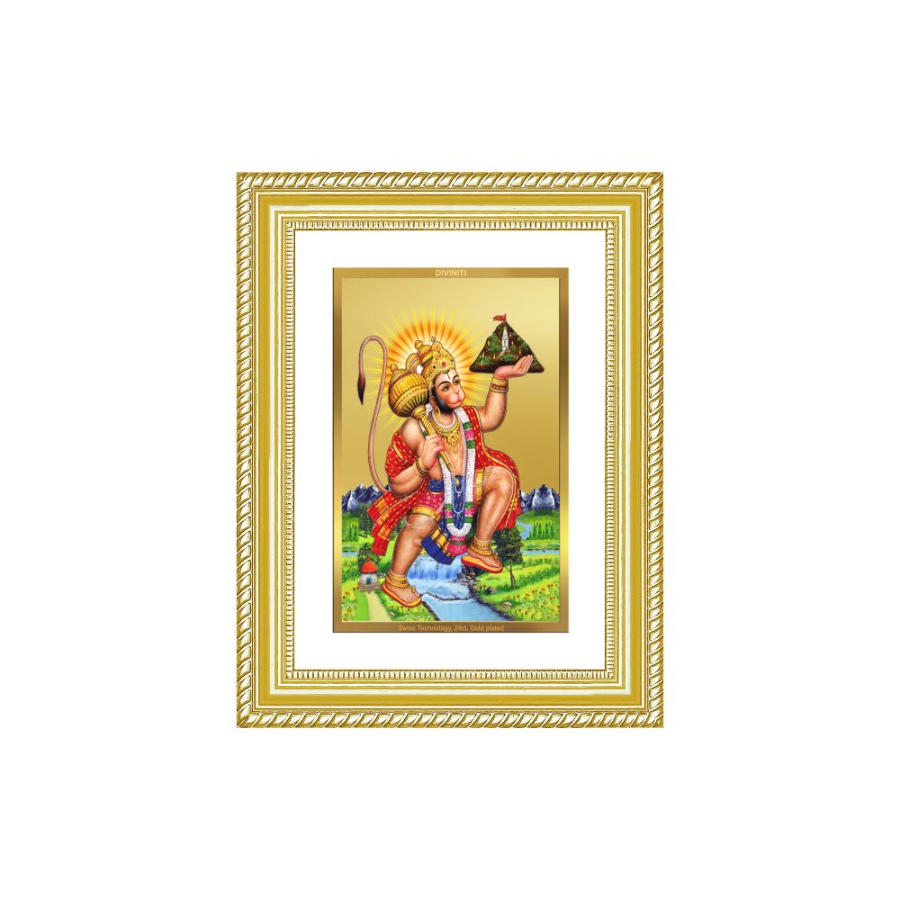 Diviniti 24K Gold Plated Hanuman With Mountain (Classic) Divine Wall Frame for Home Mandir & Office Decor | Luxury Spiritual Gift