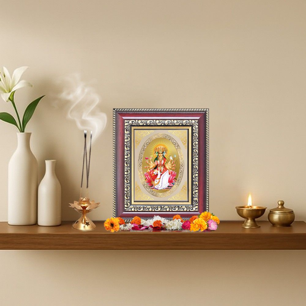 Diviniti 24K Gold Plated Gayatri Maa |Divine Table Top Royal Photo Frame for Home Mandir & Office Decor | Luxury Spiritual Gift