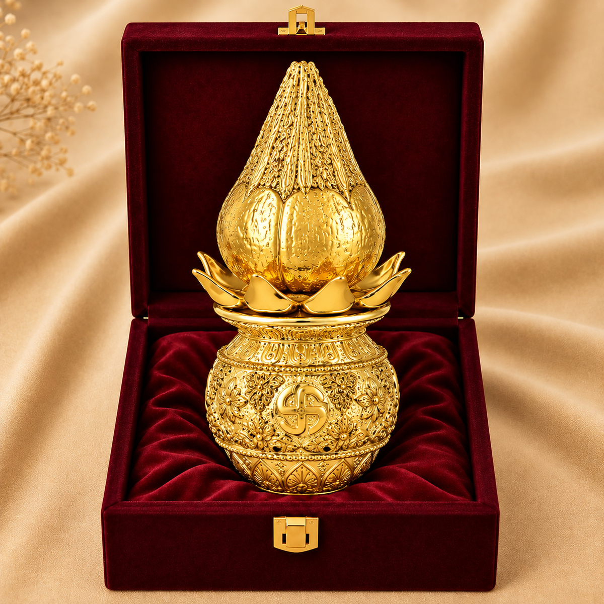 24K Gold-Plated Lakshmi Kalash with Coconut | Premium Gift Box | 16x8 CM