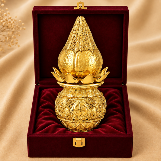 24K Gold-Plated Lakshmi Kalash with Coconut | Premium Gift Box | 16x8 CM
