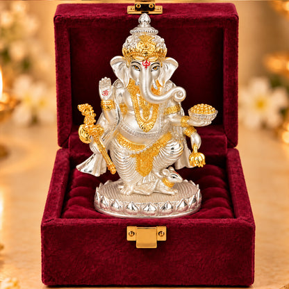 999 Silver-Plated Dual-Tone Lord Ganesha Idol | Premium Gift Box | 19.5x13 CM