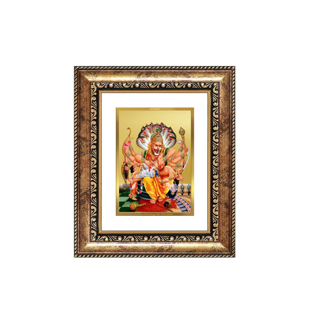 Diviniti 24K Gold Plated Narasimha Divine Table Top Frame for Home Mandir & Office Decor | Luxury Spiritual Gift