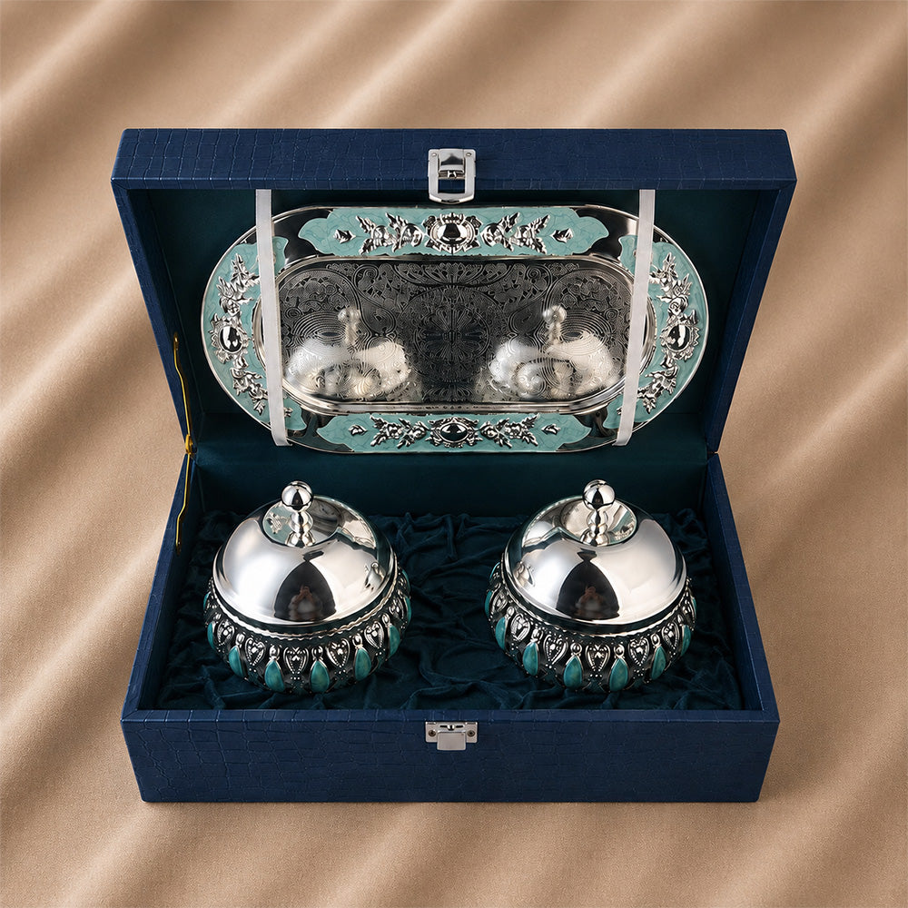 Diviniti Silver-Plated 2 Bowl Serving Set with Tray & Lids | Turquoise Enamel Decorative Dry Fruit & Mukhwas Bowls for Premium Gifting