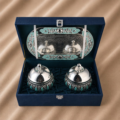 Diviniti Silver-Plated 2 Bowl Serving Set with Tray & Lids | Turquoise Enamel Decorative Dry Fruit & Mukhwas Bowls for Premium Gifting