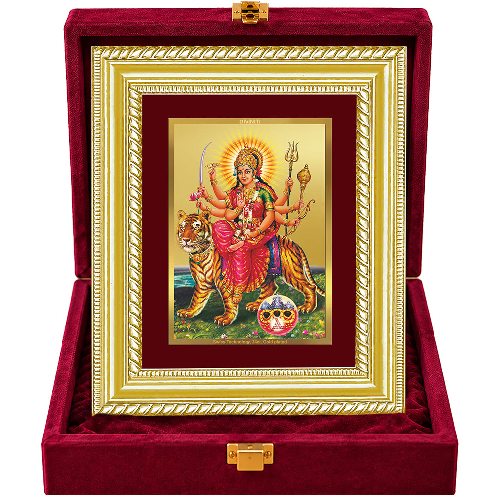 24K Gold-Plated Sherawali Mata with Pindi Frame | Premium Gift Box | 21.5x17.5 CM