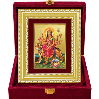 24K Gold-Plated Sherawali Mata with Pindi Frame | Premium Gift Box | 21.5x17.5 CM