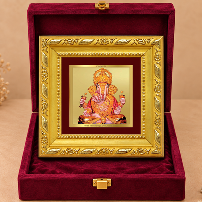 24K Gold-Plated Dagadu Ganesha Frame | Premium Gift Box | 10x10 CM