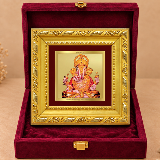 24K Gold-Plated Dagadu Ganesha Frame | Premium Gift Box | 10x10 CM