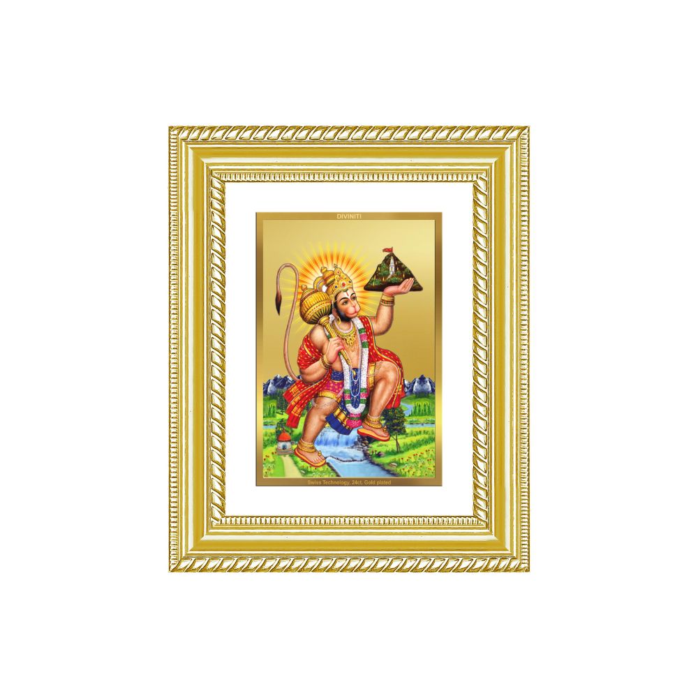 Diviniti 24K Gold Plated Hanuman With Mountain (Classic) Divine Wall and Table Top Frame for Home Mandir & Office Decor | Luxury Spiritual Gift