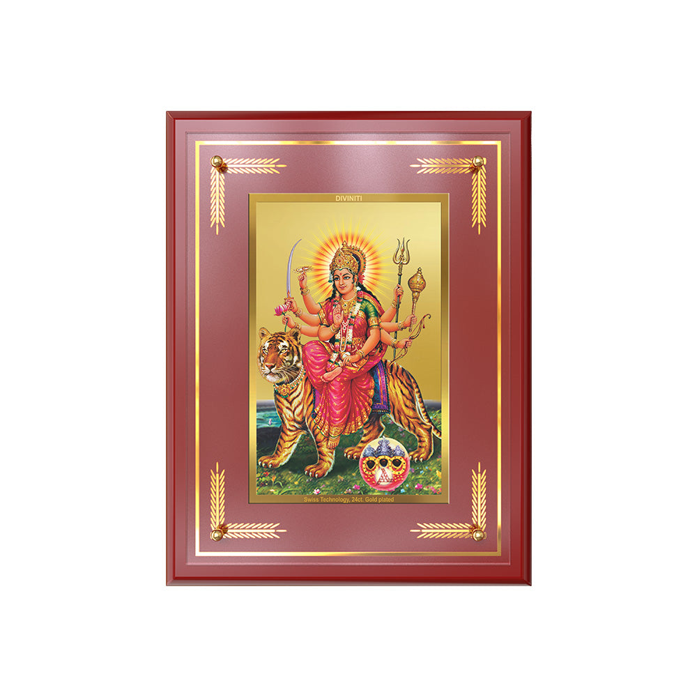 Diviniti 24K Gold Plated Durga Sherawali Mata with Pind Wall Hanging Photo Frame | Strength, Protection & Divine Grace
