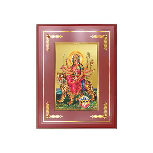 Diviniti 24K Gold Plated Durga Sherawali Mata with Pind Wall Hanging Photo Frame | Strength, Protection & Divine Grace