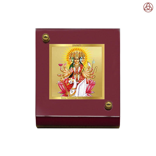 Diviniti 24K Gold Plated Gayatri Mata Frame For Car Dashboard, Home Decor, Table Top, Puja, Gift (6 CM x 5.5 CM)