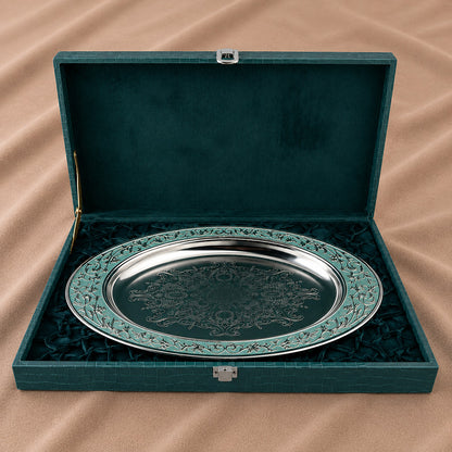 Diviniti Silver-Plated Oval Decorative Tray with Turquoise Enamel Accents | Luxury Serving Platter for Dry Fruits, Sweets & Premium Gifting