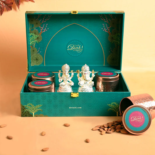 Diwali Gift Hamper | Four Crystal Containers with 999 Silver Lakshmi and Ganesh Idols Statues