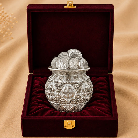999 Silver-Plated Lakshmi Coin Kalash | Premium Gift Box | 11x9 CM