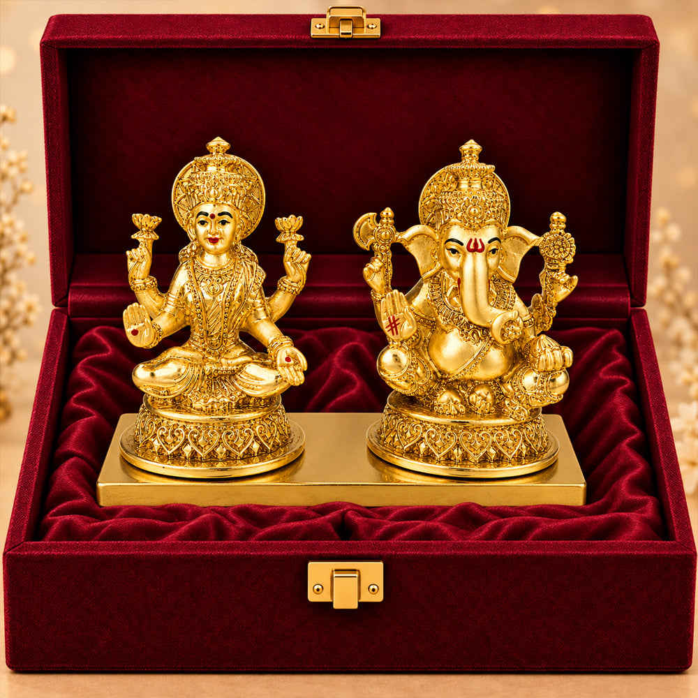 24K Gold-Plated Laxmi Ganesha Idol | Premium Gift Box | 10x13 CM