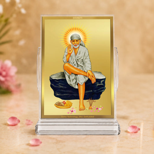 24K Gold-Plated Sai Baba Acrylic Car Dashboard Frame | 11x7 CM