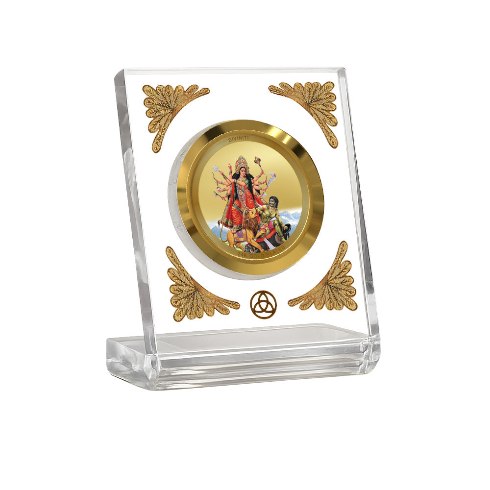 Diviniti 24K Gold Plated Durga Mahishasura Mardini Acrylic Car Dashboard Frame | Goddess Durga for Car, Home Décor, Tabletop & Puja Room | Blessings of Power, Victory & Protection (ACF1CH)
