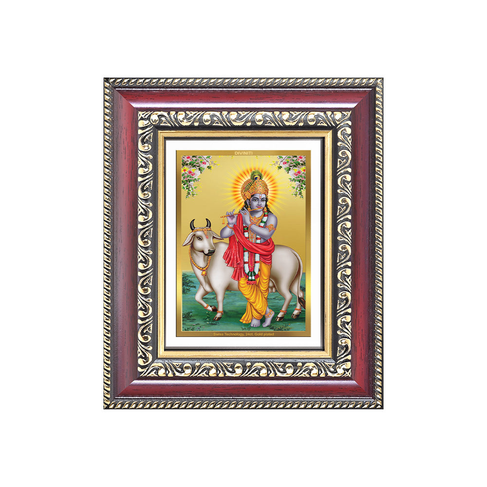 Diviniti 24K Gold Plated Krishna With Surbhi Cow |Divine Table Top Frame for Home Mandir & Office Decor | Luxury Spiritual Gift