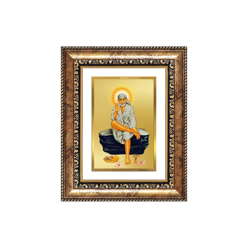 Diviniti 24K Gold Plated Sai Baba (Classic) Divine Wall and Table Top Frame for Home Mandir & Office Decor | Luxury Spiritual Gift