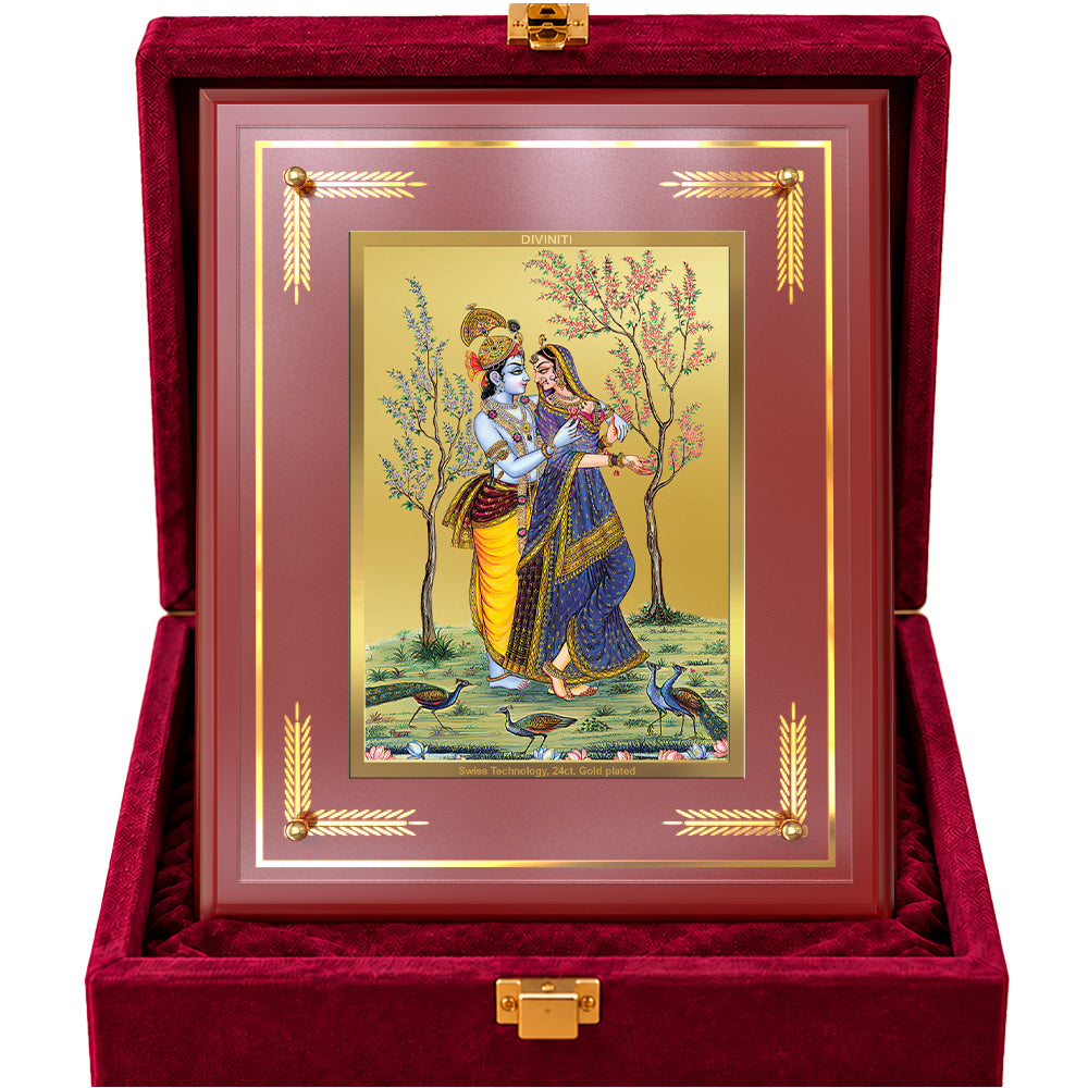 24K Gold-Plated Radha Krishna with Peacock MDF Frame | Premium Gift Box | 27x35 CM