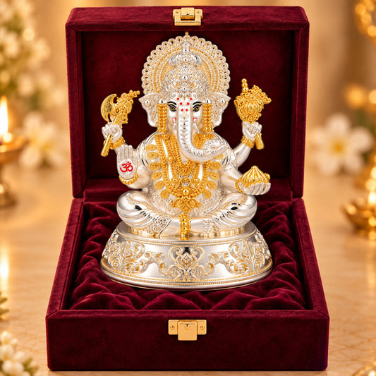 999 Silver-Plated Dual-Tone Lord Ganesha Idol | Premium Gift Box | 14.5x11.5 CM
