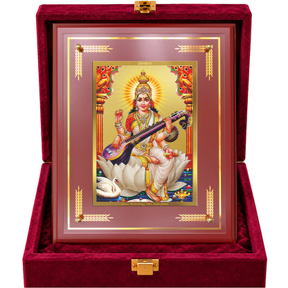 24K Gold-Plated Goddess Saraswati MDF Frame | Premium Gift Box | 27x35 CM