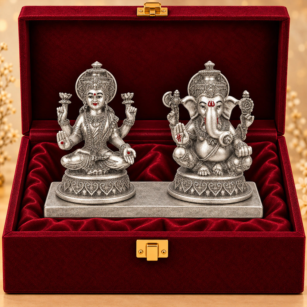 999 Silver-Plated Antique Laxmi Ganesha Idol | Premium Gift Box | 10x13 CM