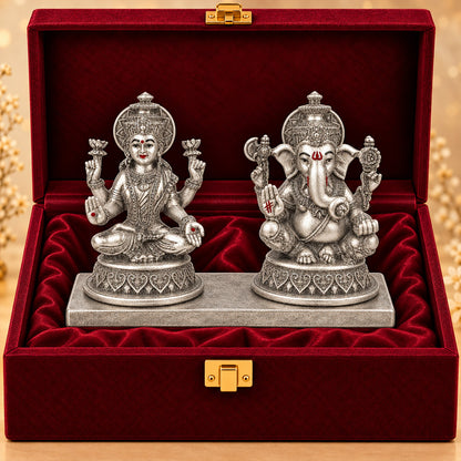 999 Silver-Plated Antique Laxmi Ganesha Idol | Premium Gift Box | 10x13 CM